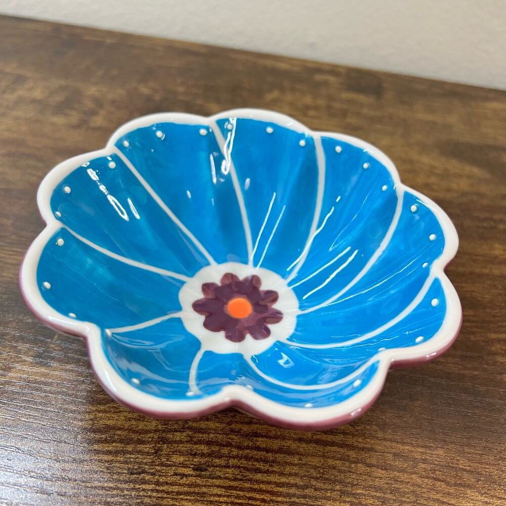 Anthropologie 1 CUP Measuring Cup Bowl Flower Ceramic Blue Kitchenware Boho New